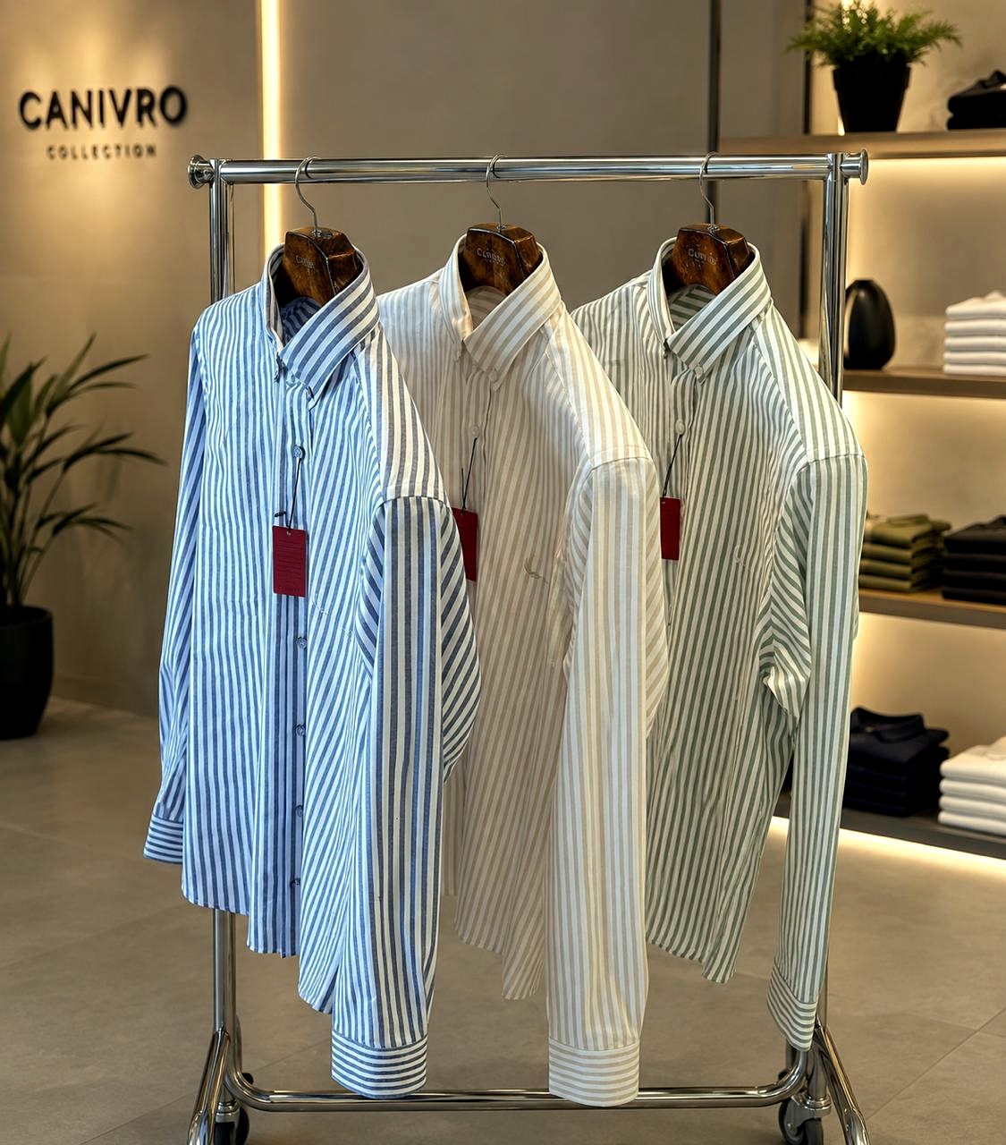 Canivro men's cotton stripe button-down shirts in blue, beige and green