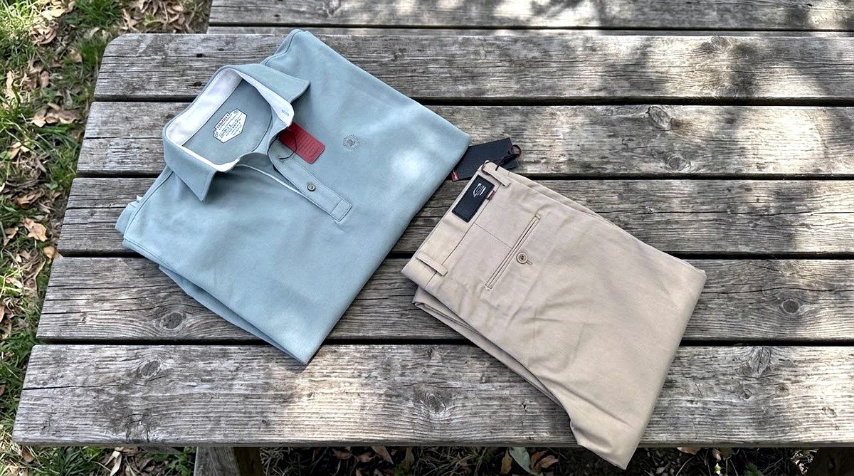 Sage cotton polo shirt with khaki chino trousers, Canivro menswear