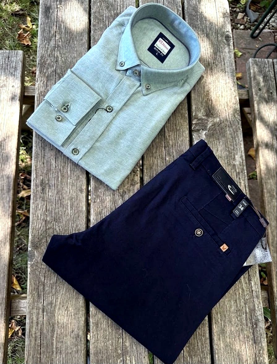 Sage brushed-cotton shirt with navy chino trousers, Canivro menswear