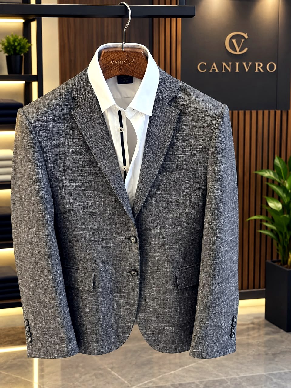 Canivro men's tailored wool-blend blazer, textured grey suit jacket